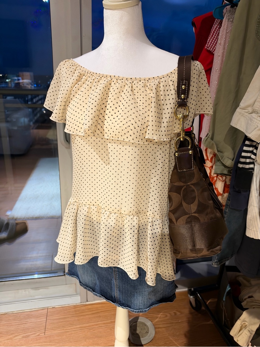 Ivory Polka Dot Off-Shoulder Ruffle Blouse
